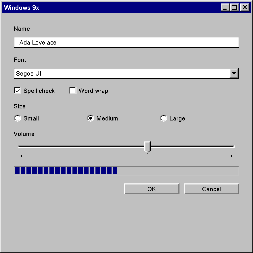 A small form drawn with ThemeVariant::Windows9x