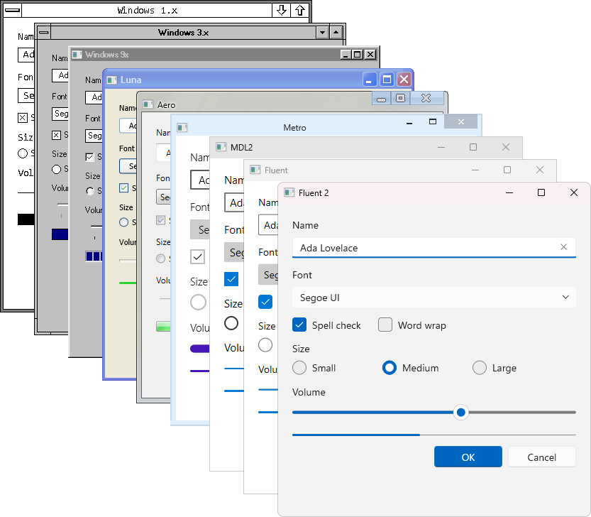 The same form in nine windows, one per theme era, stacked from Windows 1.x at the back to Fluent 2 at the front