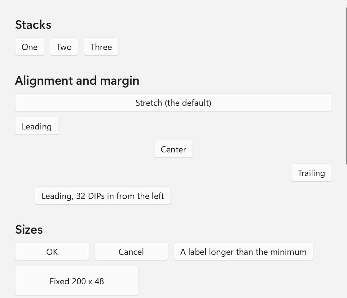 The layout example: stacks, alignment and sizes