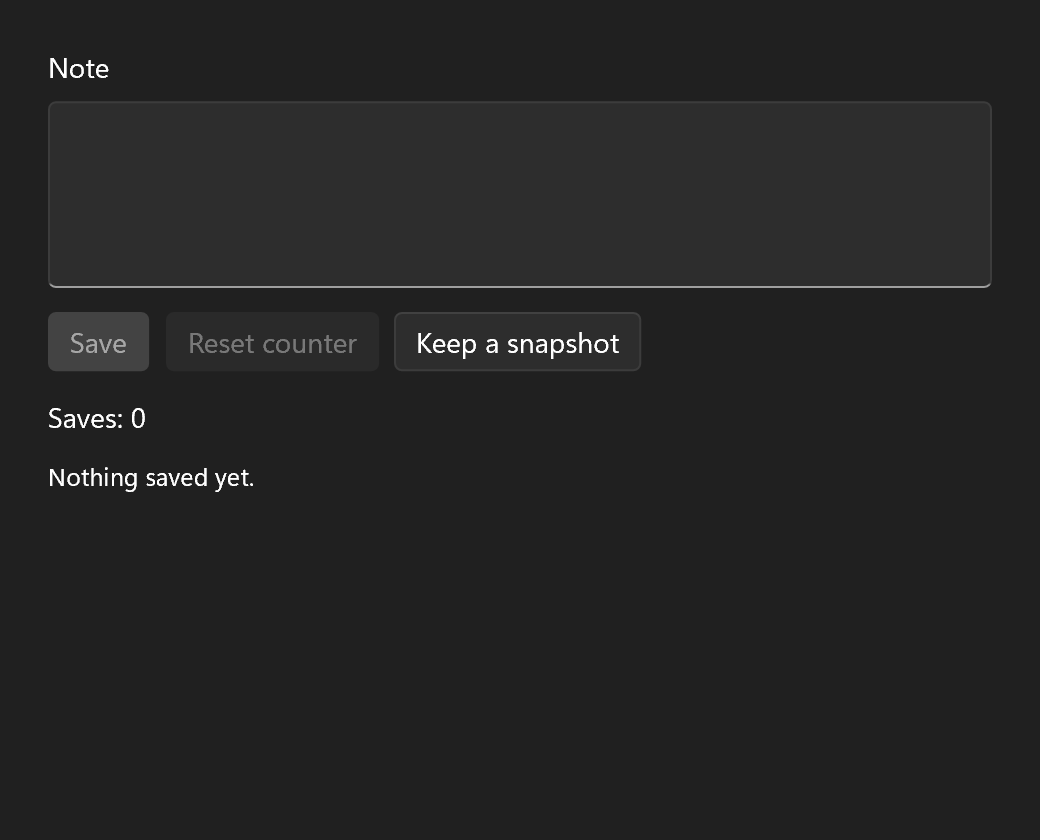 The events example: a note, Save, Reset counter and Keep a snapshot