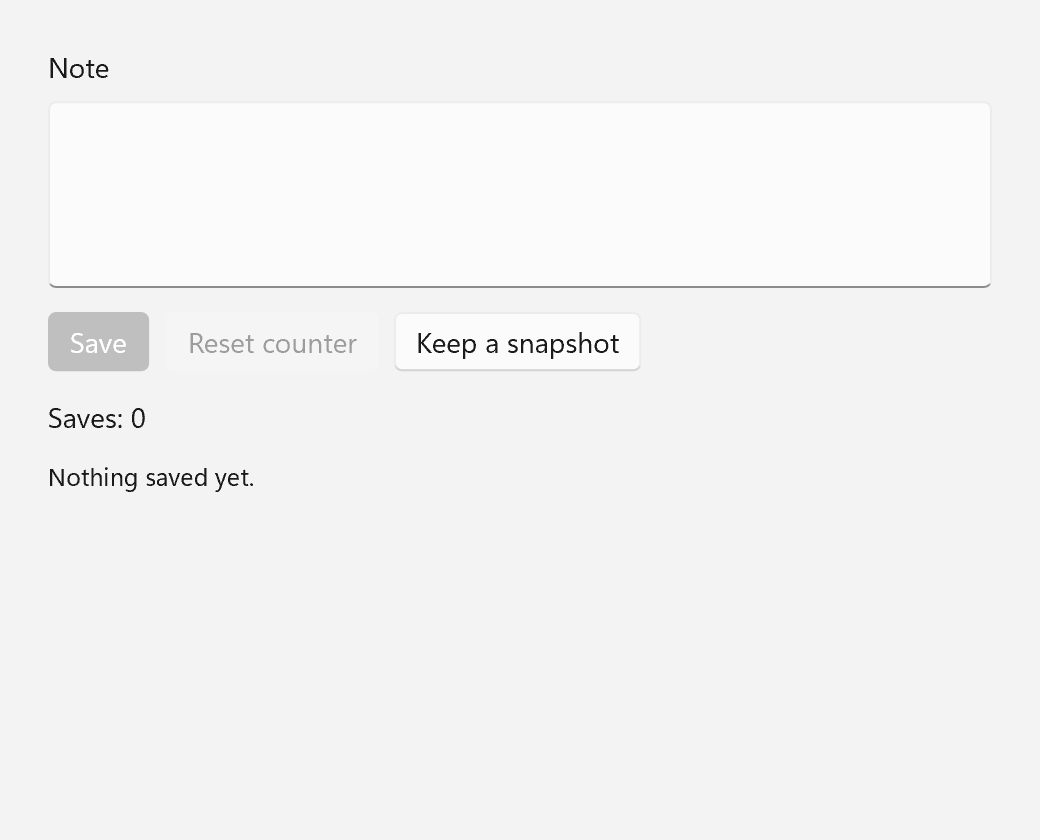 The events example: a note, Save, Reset counter and Keep a snapshot