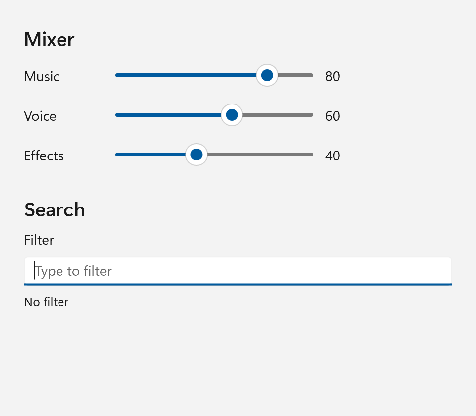 The components example: a mixer of three sliders and a search box