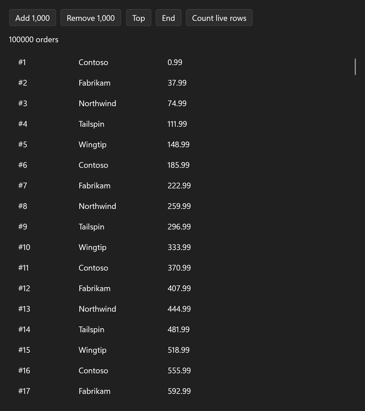 A list of 100,000 orders with buttons to add, remove and scroll