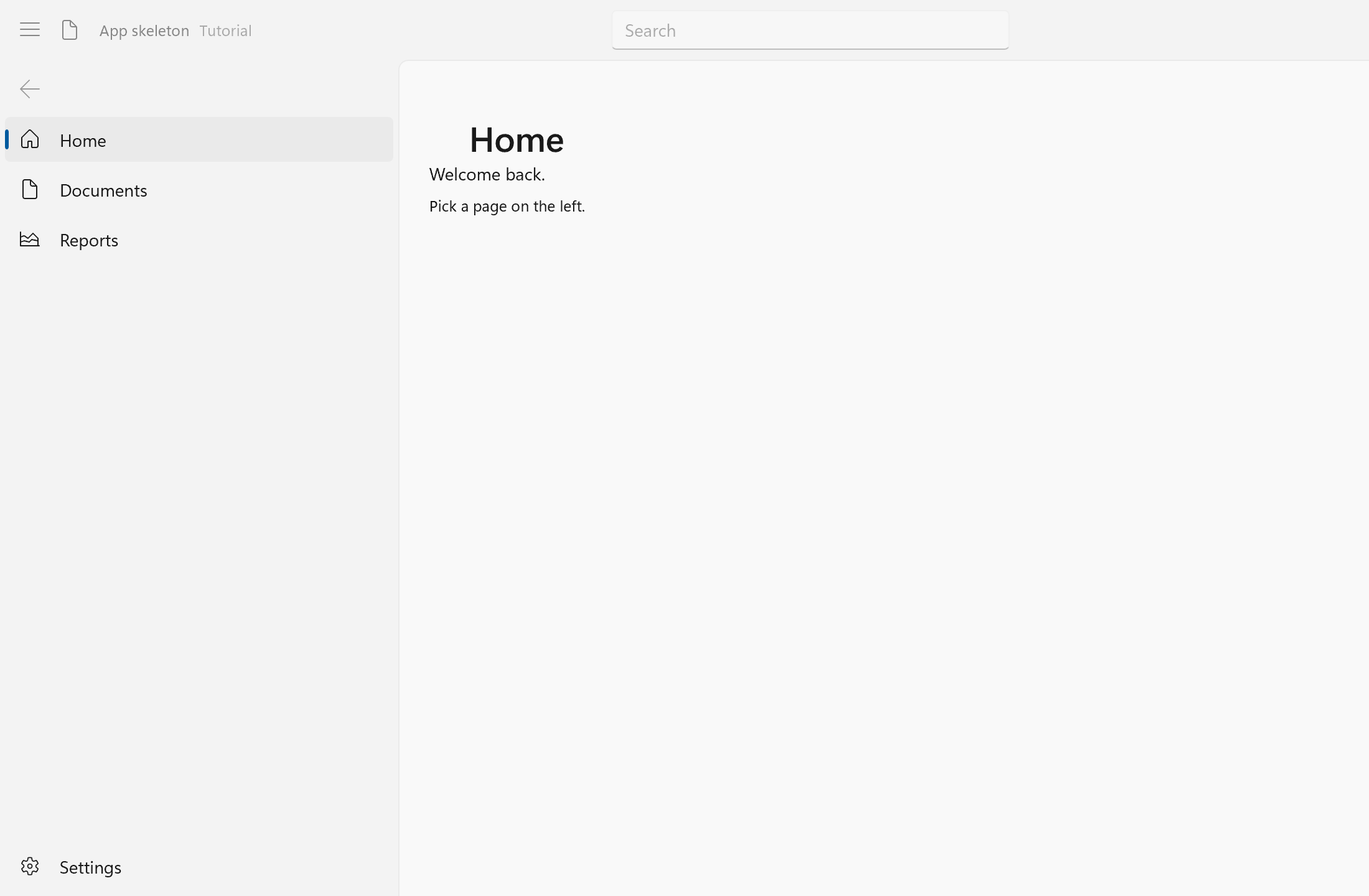 The app skeleton: a title row with search, a navigation pane and the Home page