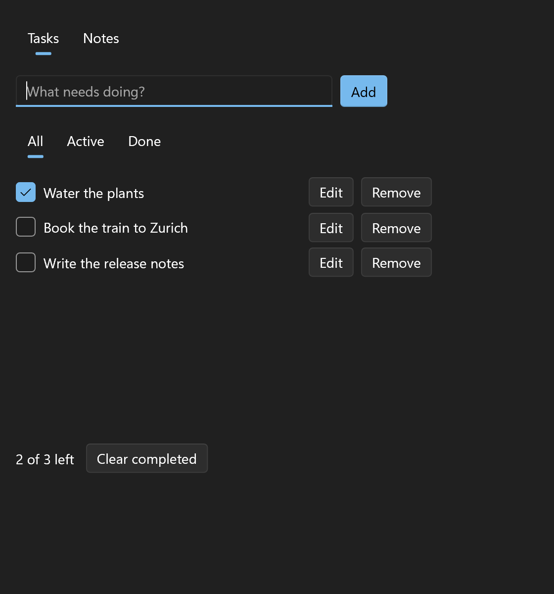 The todo list with three tasks, one of them done
