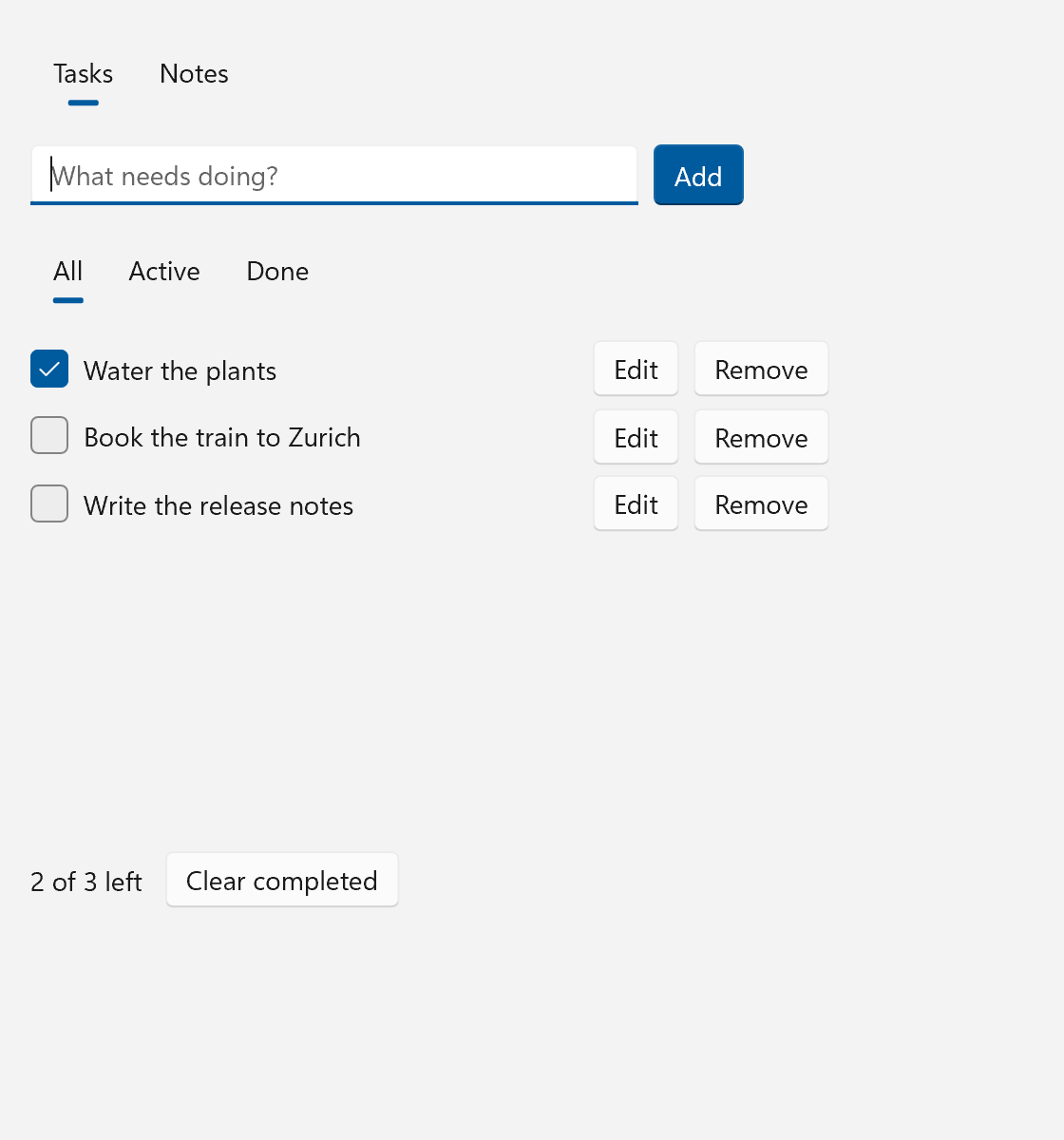 The todo list with three tasks, one of them done